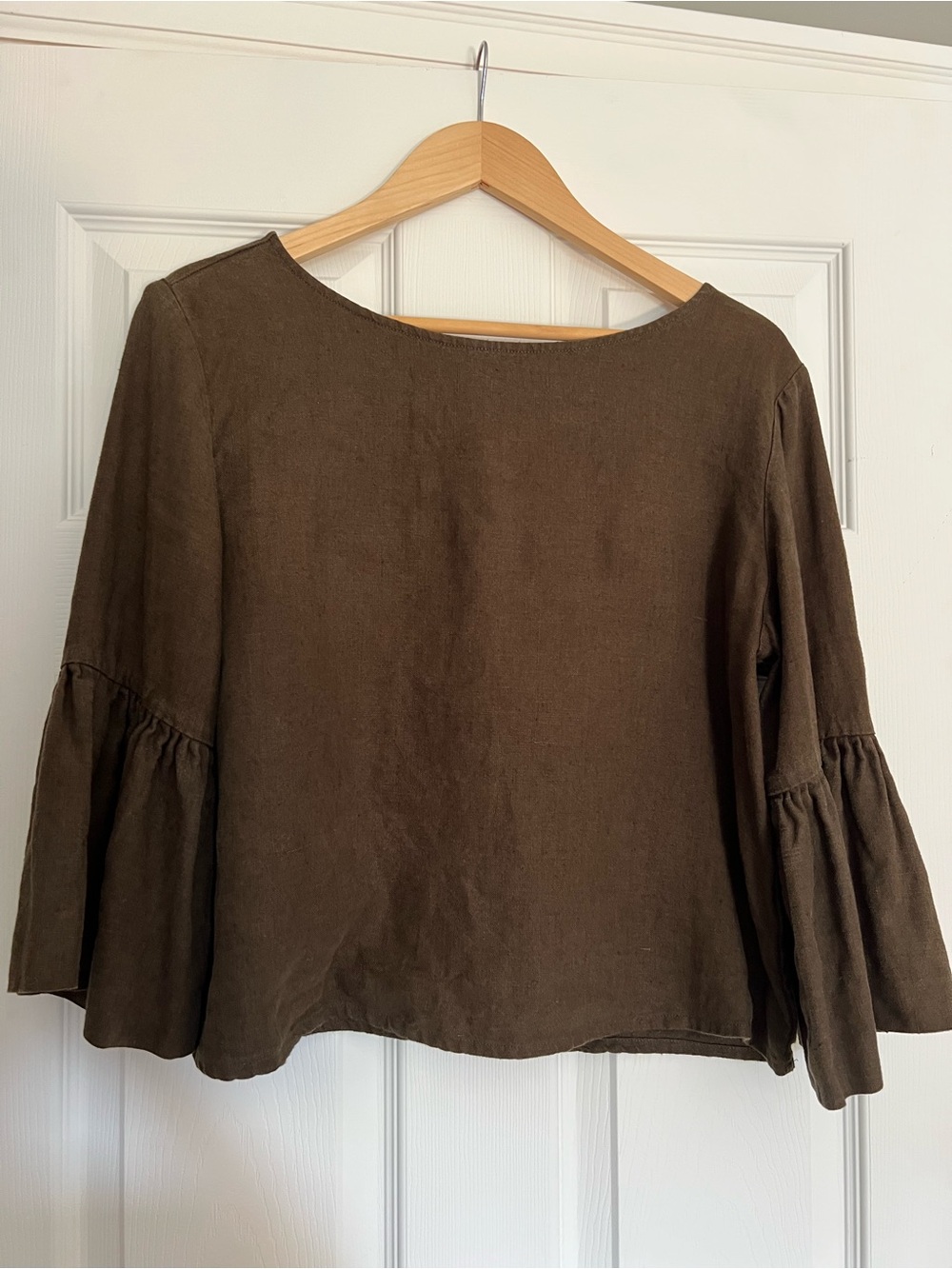 Megan Huntz Valentina bell sleeve stop forest green linen